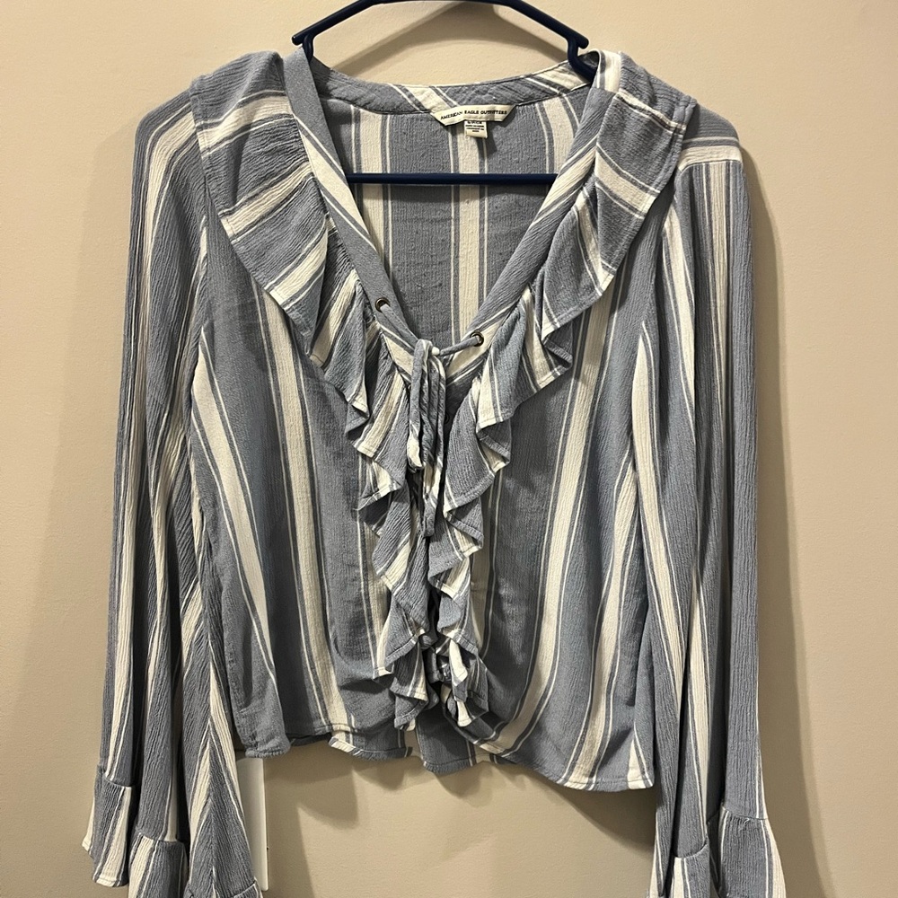 American Eagle Striped V-Neck crop top w/ bell sleeves